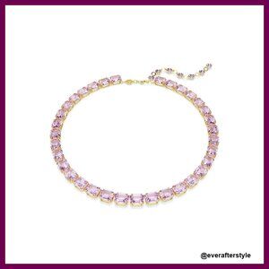 Gold Tone Tennis Necklace Octagon Cut Crystal Pendant Elegant Minimal Chic